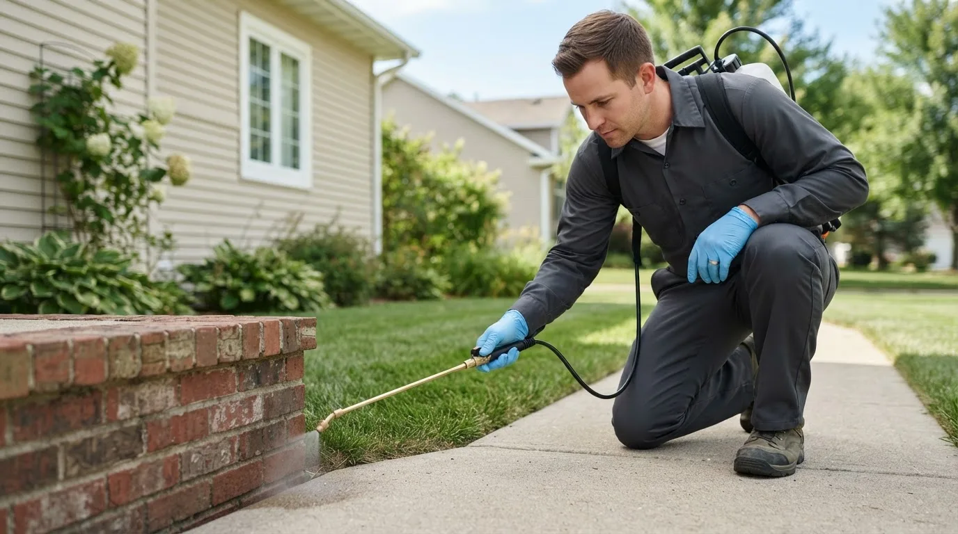 Pest control technician treating a home near Lorenzo, TX